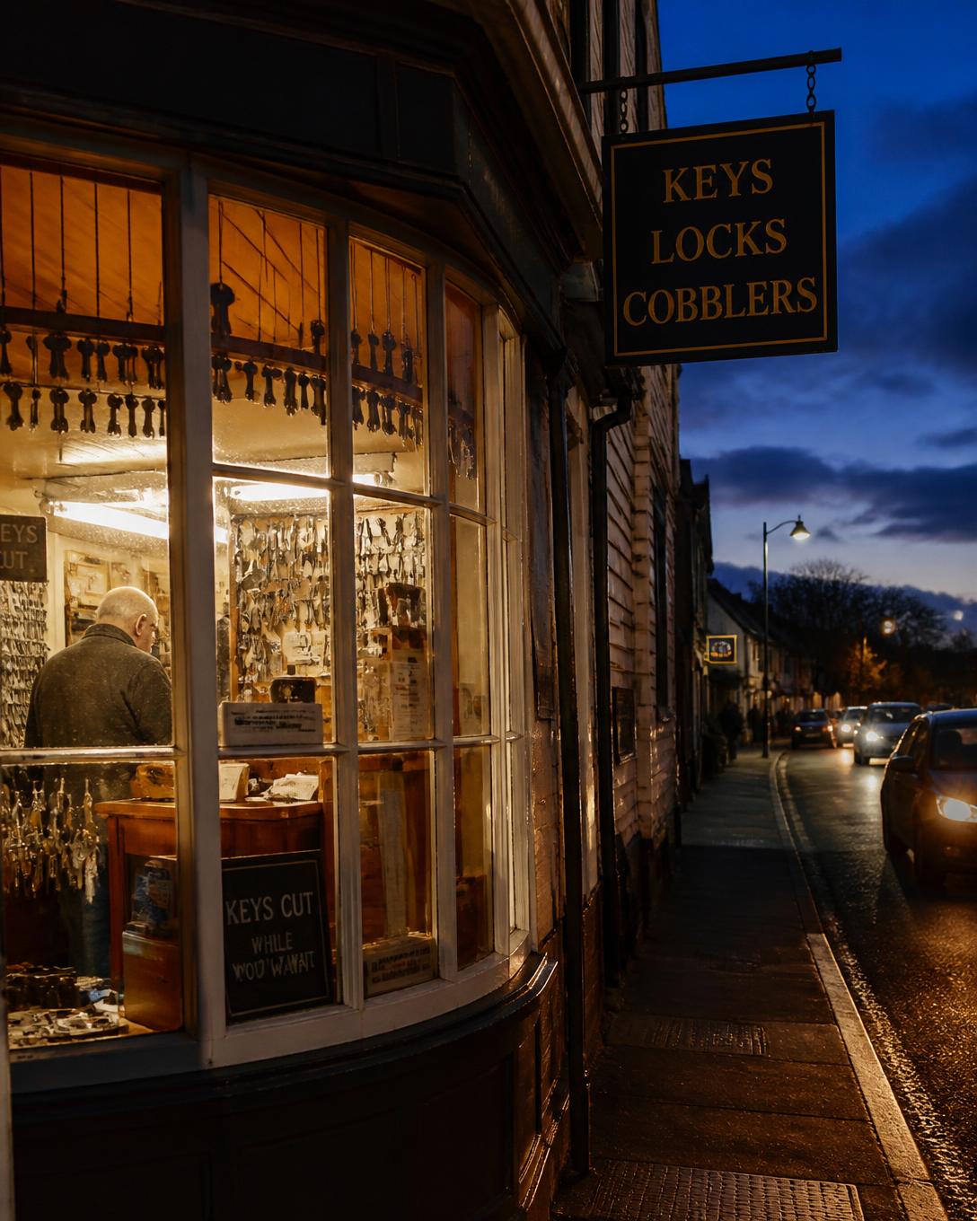 A Kent high-street key and locksmith shop lit up at dusk, still open for business
